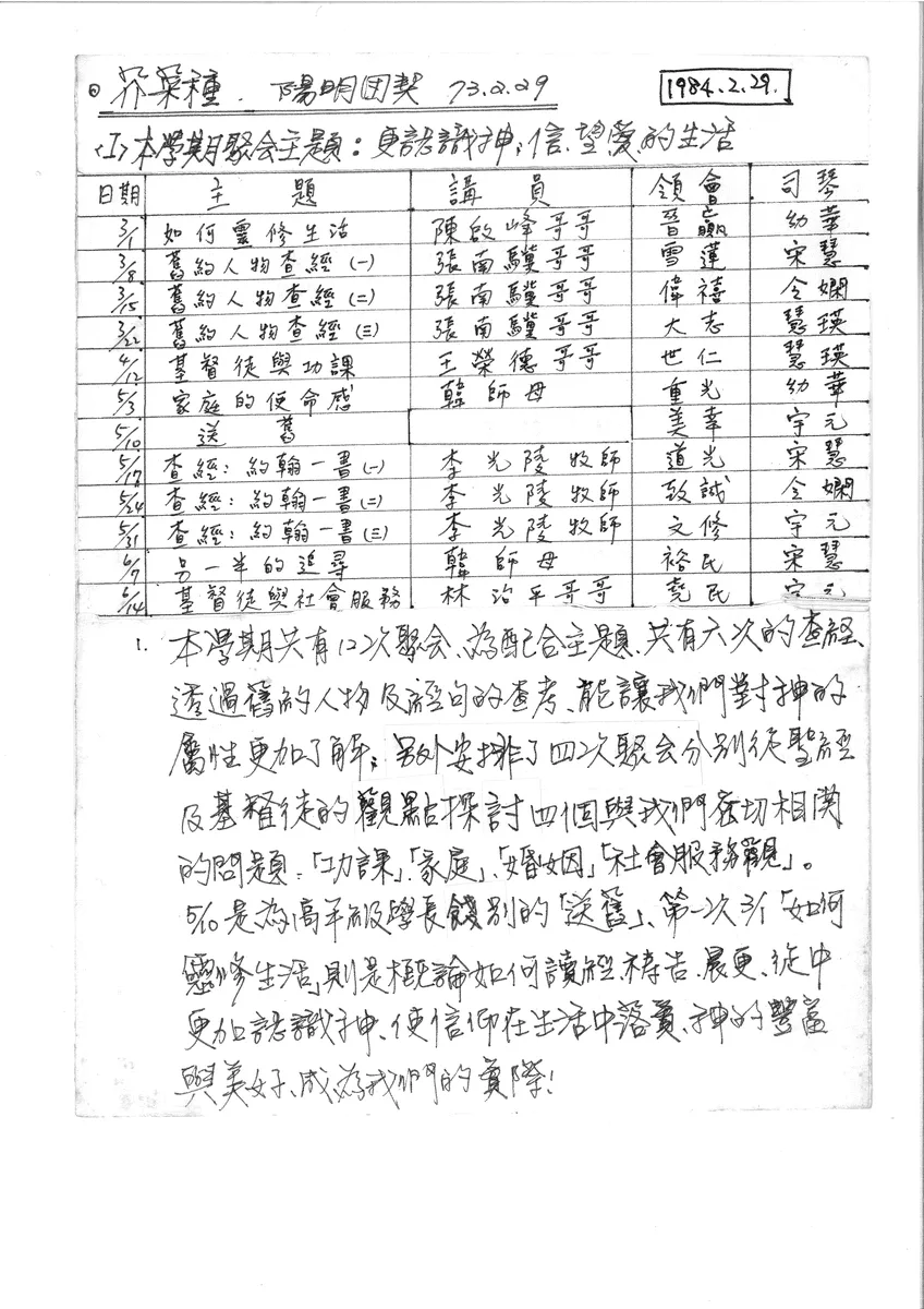 芥菜種、陽明團契 73.2.29 聚會表